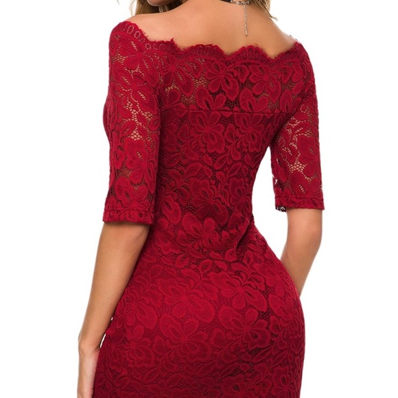 Elegant Red Off‎ Shoulder Sheath Dress with 3/4 Sleeves - Picture 6 of 7
